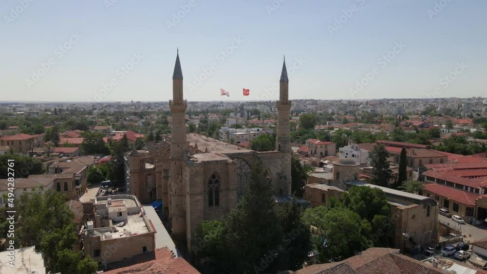 Aerial 4k Nicosia Old Town with Selimiye Camii(Ayia Sophia Cathedral) which is build as cathedral and then converted to mosque in North Cyprus Aerial 4k Nicosia Old Town with Selimiye Camii(Ayia Sophia Cathedral) which is build as cathedral and then converted to mosque in North Cyprus