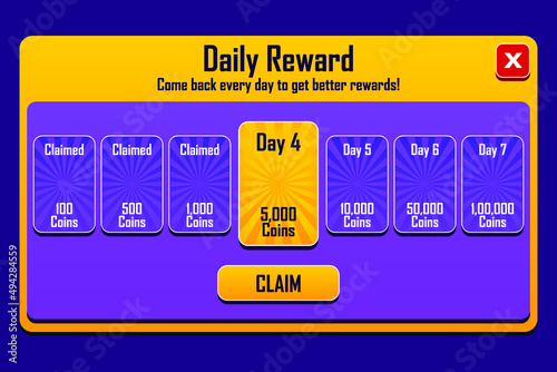 Buy coins screen for slot game. Vector illustration. Shop coins panel. a game asset with coins icons. vector epic game asset with coins icons and buttons. Game UI kit. Game Daily Reward Screen Design.