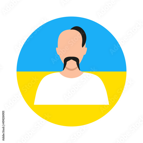 Ukrainian cossack portrait. Man head with moustache in round shape. Male avatar in Ukrainian flag. Vector illustration isolated on white. photo