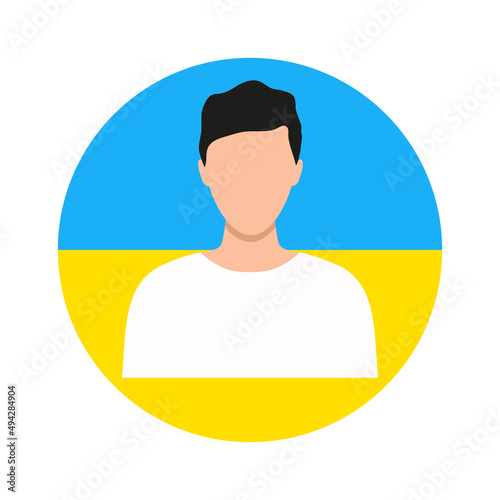 Man head in round shape. Male avatar in Ukrainian flag. Vector illustration isolated on white.