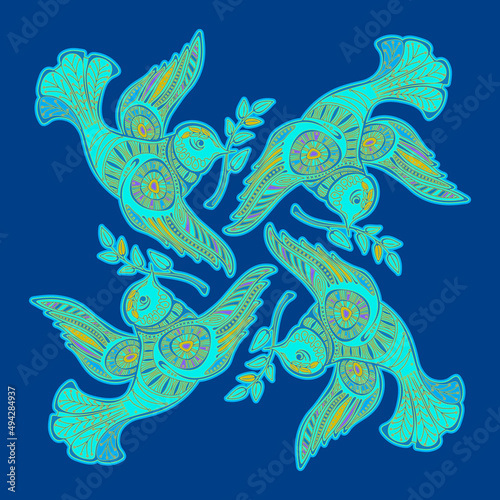Dove of peace with olive branch. Colorful Vector mandala.