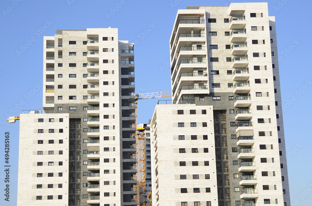 New buildings in Israel. New quarters, modern high-rise buildings.