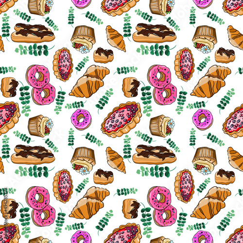 Seamless vector pattern with pie, donuts, eclairs, and croissants with branch of eucalyptus 