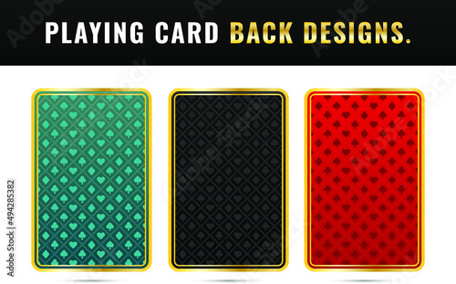 Three back-side designs of playing cards on white background. Playing Card Back Designs. Playing Card Backside design. playing cards vector illustration. Playing card design for a poker game. Premium