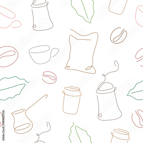 One line art style coffee set seamless pattern. Abstract creative food in minimalism design. Hand drawn vector illustration.