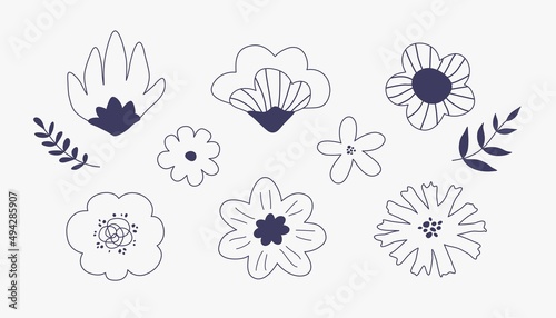 Hand drawn line flowers collection. Flat monochrome blooming flowers. Minimalistic decorative floral concept. Botanical doodle vector isolated illustration