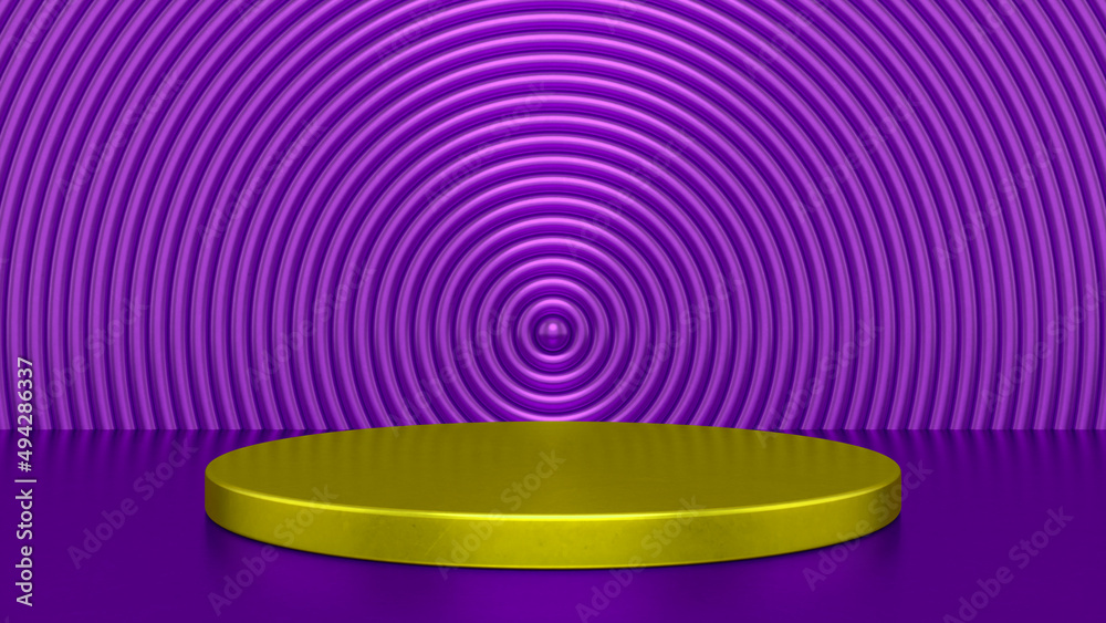 Obraz premium Chrome glossy Purple Yellow podium and abstract geometry background. Round podium, pedestal, platform for cosmetic product presentation, showcase. Minimalist mock up scene, concept template. 3d render