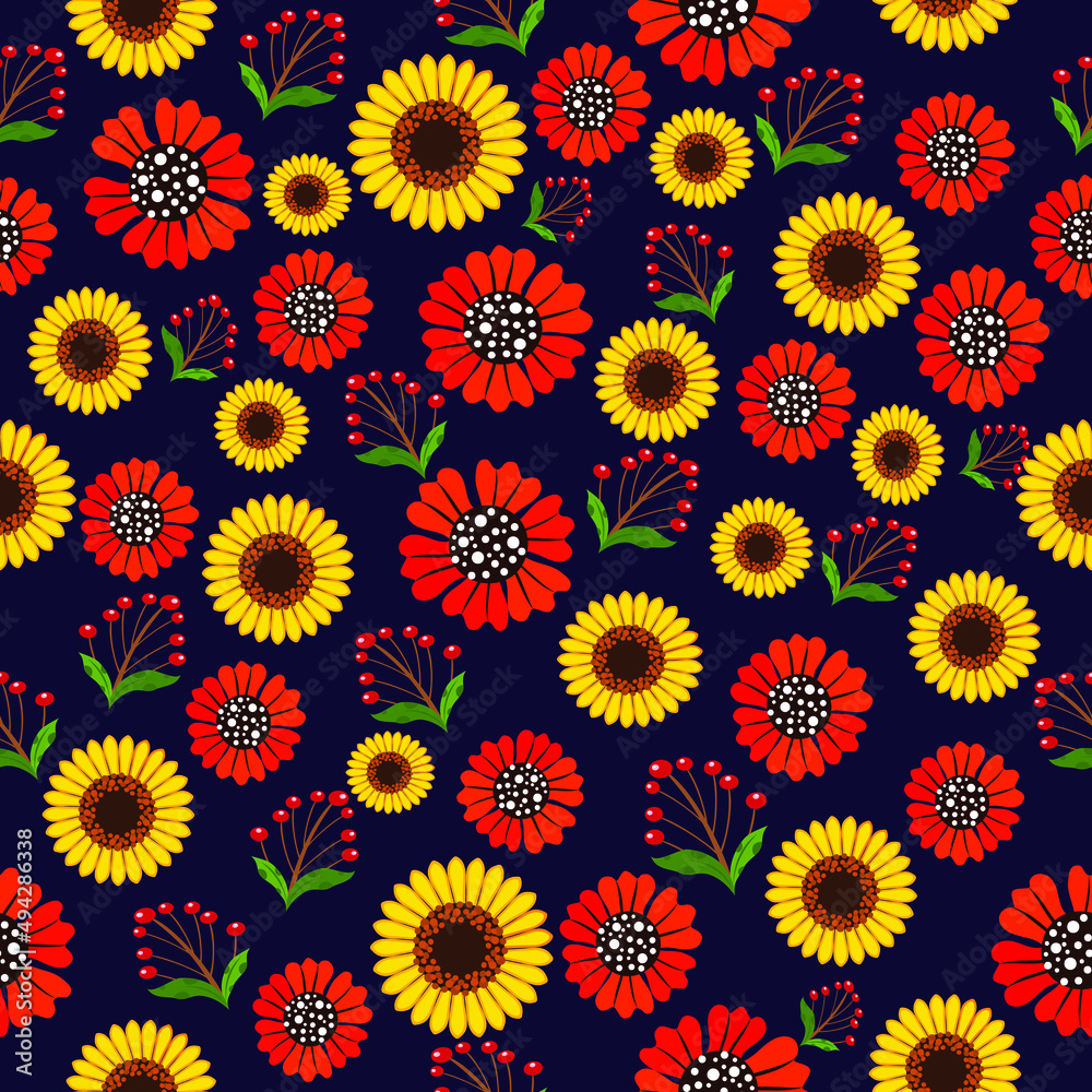 Seamless pattern with poppies, berries and sunflowers.