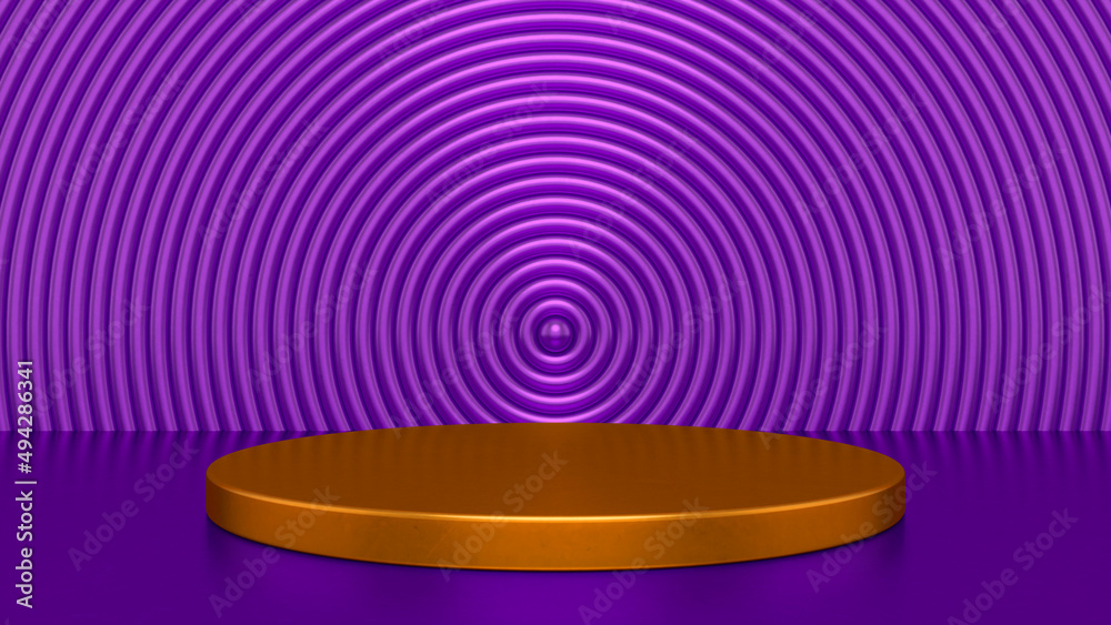 Obraz premium Chrome glossy Purple Orange podium and abstract geometry background. Round podium, pedestal, platform for cosmetic product presentation, showcase. Minimalist mock up scene, concept template. 3d render