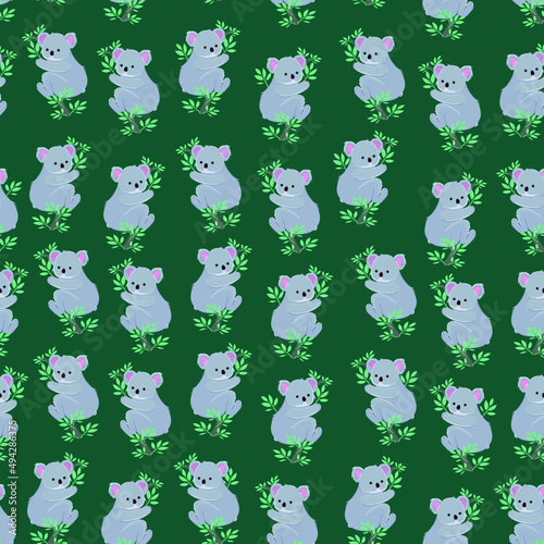 Childish seamless pattern with koala bear cubs on eucalyptus branches.