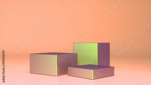 Three empty Colorful stands and abstract Orange geometry background. Podium, pedestal, platform for cosmetic product presentation, showcase. Minimalist mock up scene, concept template. 3d render