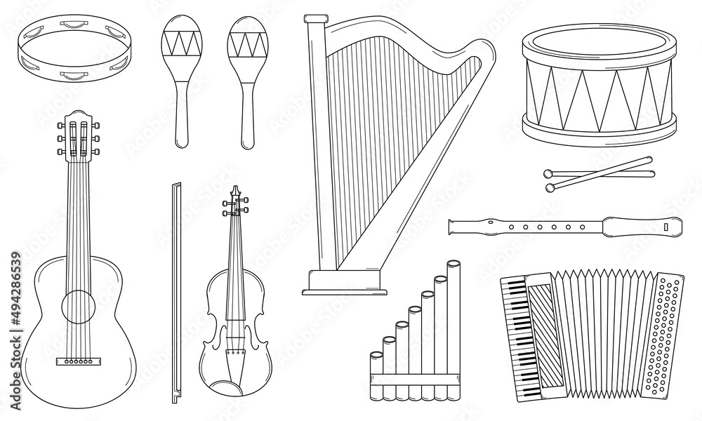 Hand drawn set of musical instruments. String, wind and percussion  instruments. Doodle style. Sketch. Vector illustration. vector de Stock |  Adobe Stock