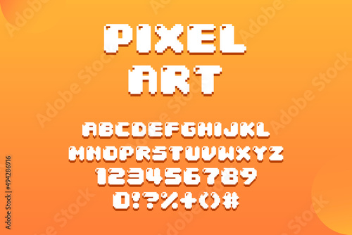 Pixel video game font. 8-bit symbols, letters, and numbers. Oldschool retro nostalgic typeface. Set of vector letters in retro style. pixel art font. nft font.