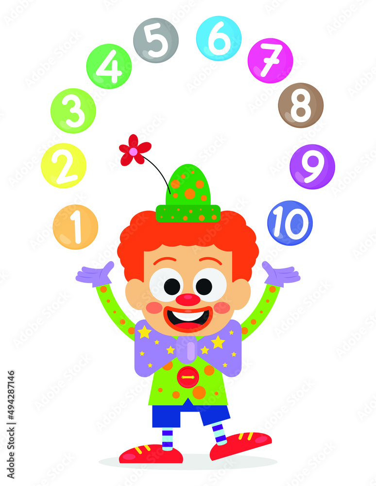 Cute clown performs with numbers balls in his hand Cute clown performs with numbers balls in his hand