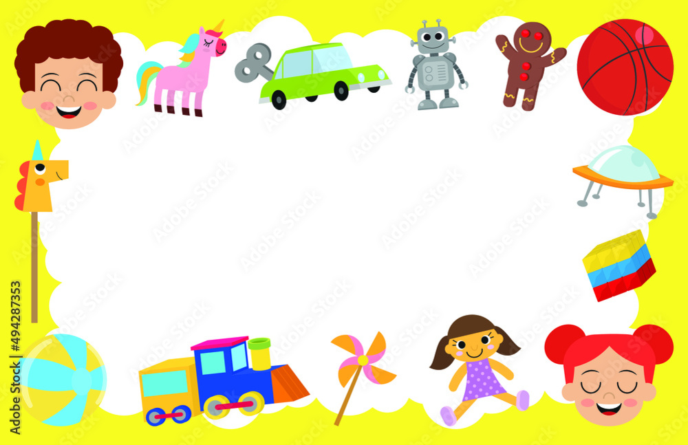 Vector greeting card with children's toy set. Children's toys collection. Funny kid game. It's a playset.