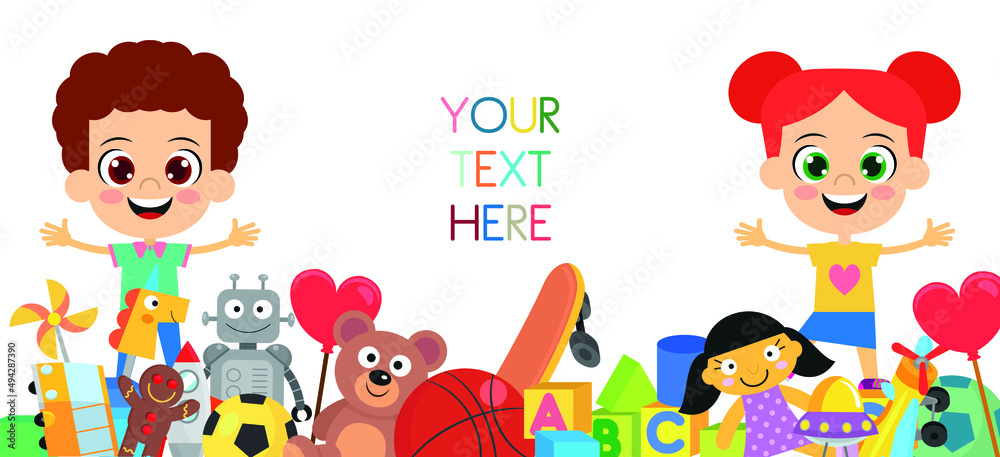 Fototapeta premium Greeting card on toys and cute toys