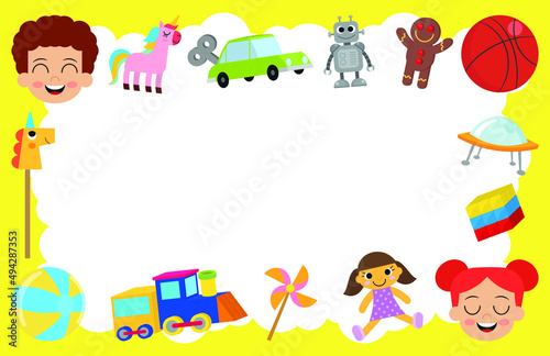 Fototapeta Naklejka Na Ścianę i Meble -  Vector greeting card with children's toy set. Children's toys collection. Funny kid game. It's a playset.