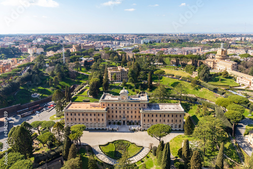 Vatican Gardens and Governor's Palace (Palazzo del Governatorato) aerial view from St. Peter's Basilica. Vatican City, Rome, Italy.