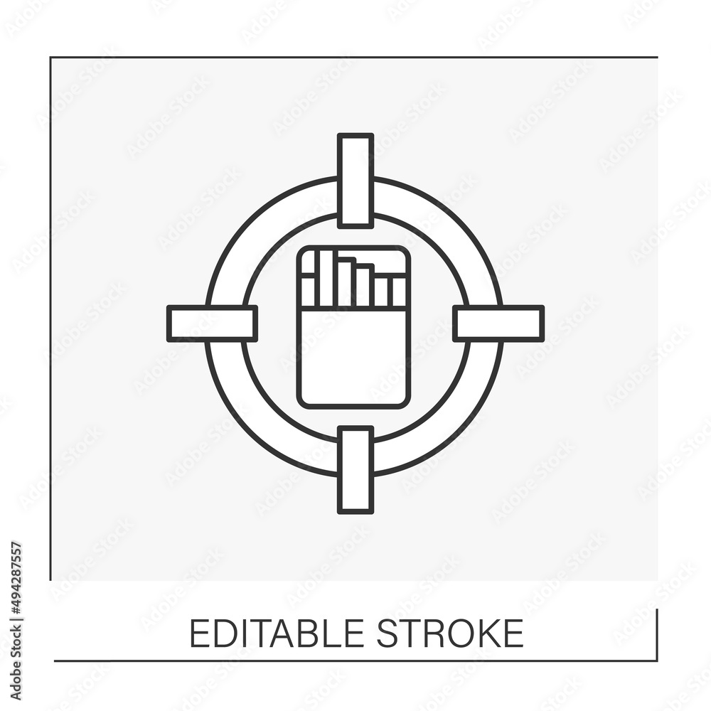 Tobacco line icon. Target on cigarette box. Tobacco production. Smoking concept. Isolated vector illustration. Editable stroke Tobacco line icon. Target on cigarette box. Tobacco production. Smoking concept. Isolated vector illustration. Editable stroke