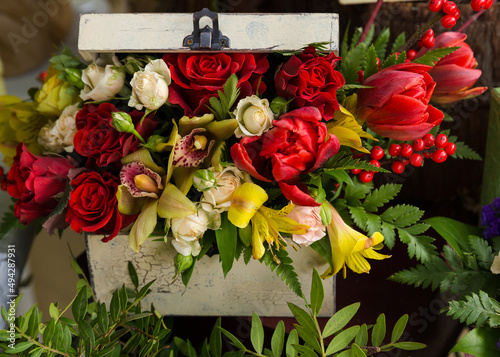 beautiful bright interior of a flower shop in Ukraine with bouquets collected by professional florists