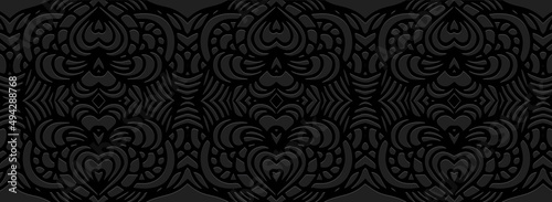 Colorful banner, cover design. Exotic geometric ethnic 3d pattern on black background, embossed texture. Actual decor for business background, magazine layout, brochure, booklet, flyer, website.