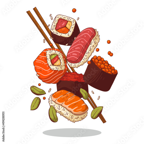 Sushi set, isolated vector. Colored illustration of delicious sushi and rolls set with chopsticks in motion on white background. Cafe logo, signboard, asian cuisine, menu page, ad banner design.