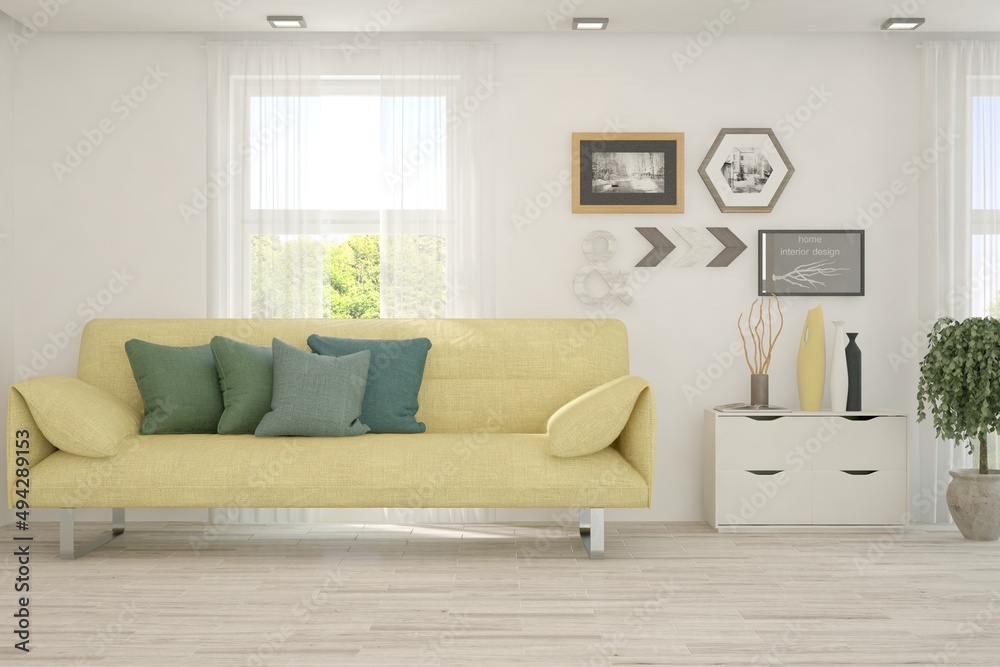 Obraz premium White living room with sofa. Scandinavian interior design. 3D illustration