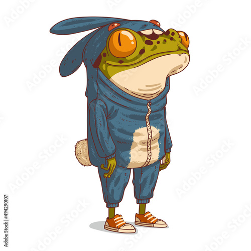 A Frog dressed as a Rabbit, isolated vector illustration. Cute humanized frog in a hare costume. Calm anthropomorphic frog, wearing a rabbit pajama. An animal character with a human body. 2023 symbol. © Kyyybic