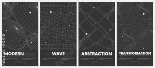 Сollection vector posters with strange wireframes of geometric shapes modern design inspired by brutalism, abstract 3d spheres and grids set 1