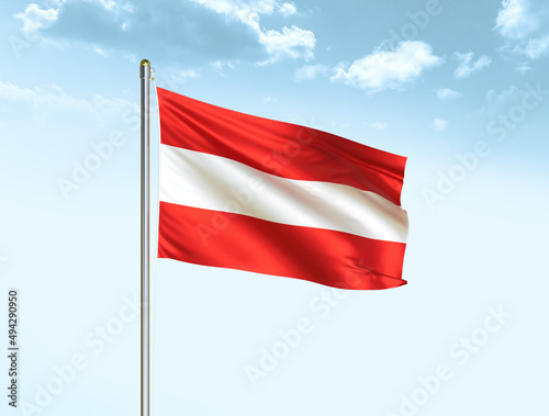 Free Download Austria national flag waving in blue sky with clouds. Austria flag. 3D illustration - GFXLoad