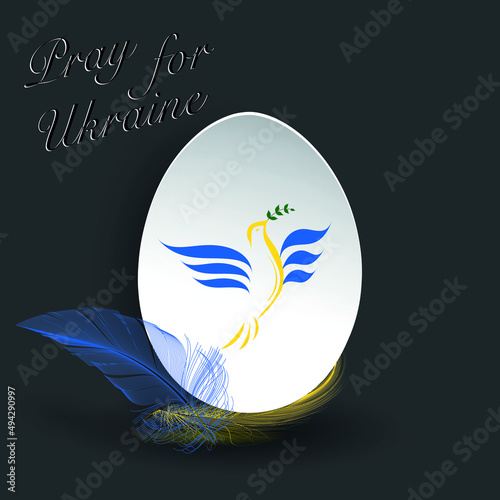 Text Pray for Ukraine. Cut out Silhouette of Easter egg with feathers on black background. Flying Pigeon, dove of peace with green olive branch in linear shape of ukrainian flag. Sorrow for the dead. 
