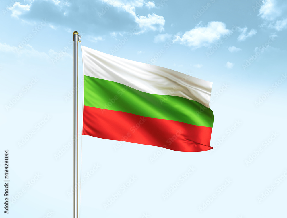 Bulgaria national flag waving in blue sky with clouds. Bulgaria flag. 3D illustration Bulgaria national flag waving in blue sky with clouds. Bulgaria flag. 3D illustration
