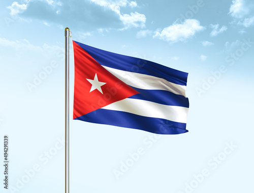 Cuba national flag waving in blue sky with clouds. Cuba flag. 3D illustration