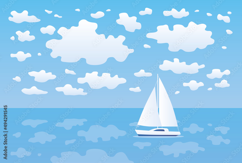 White sailboat or sailing yacht at calm sea vector illustration