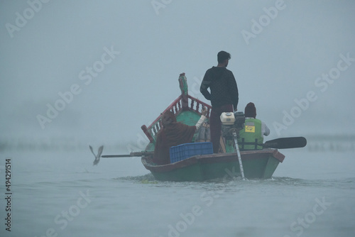 Photography BHIGWAN, INDIA-DECEMBER 31: Toursits boating at Bhigwan bird sanctuary on December 31, 2021