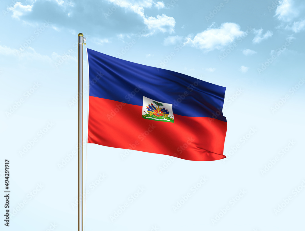 Fototapeta premium Haiti national flag waving in blue sky with clouds. Haiti flag. 3D illustration