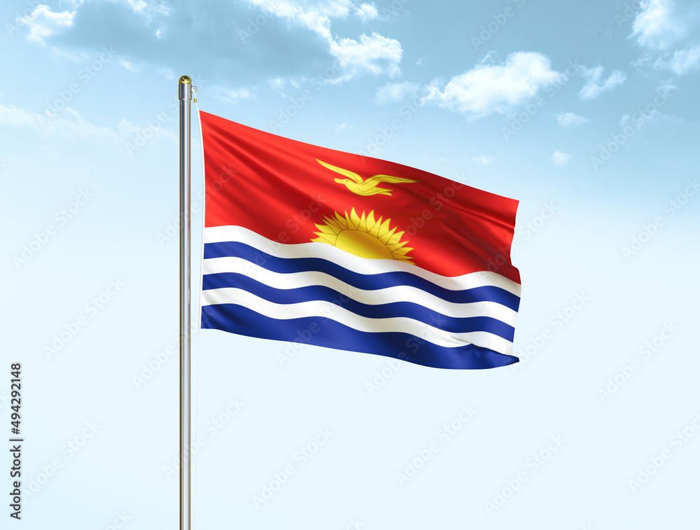 Kiribati national flag waving in blue sky with clouds. Kiribati flag. 3D illustration