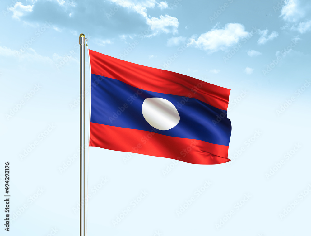 Laos national flag waving in blue sky with clouds. Laos flag. 3D illustration Laos national flag waving in blue sky with clouds. Laos flag. 3D illustration
