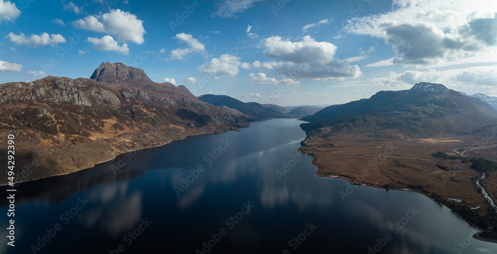 aerial view of slioch and loch maree in the torridon region of the north west highlands of scotland during a spring day