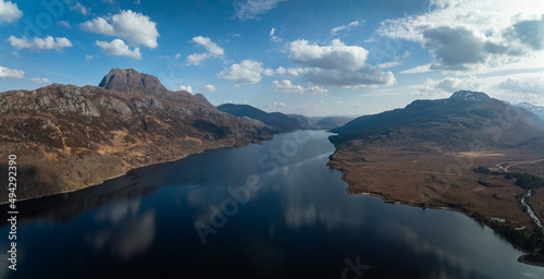 aerial view of slioch and loch maree in the torridon region of the north west highlands of scotland during a spring day