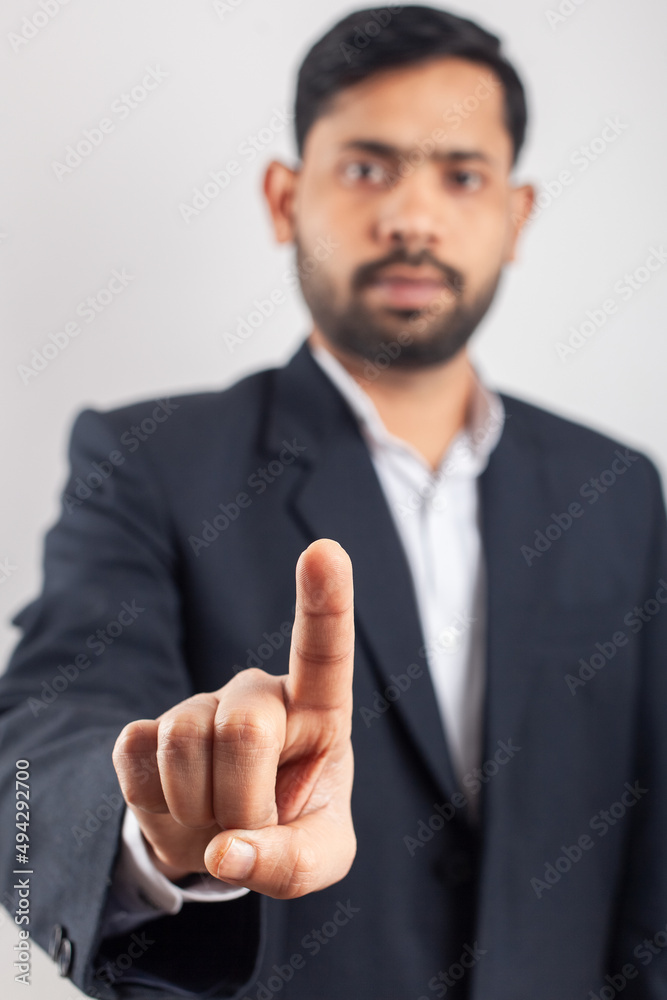 suit man touching finger at digital screen closeup shot suit man touching finger at digital screen closeup shot