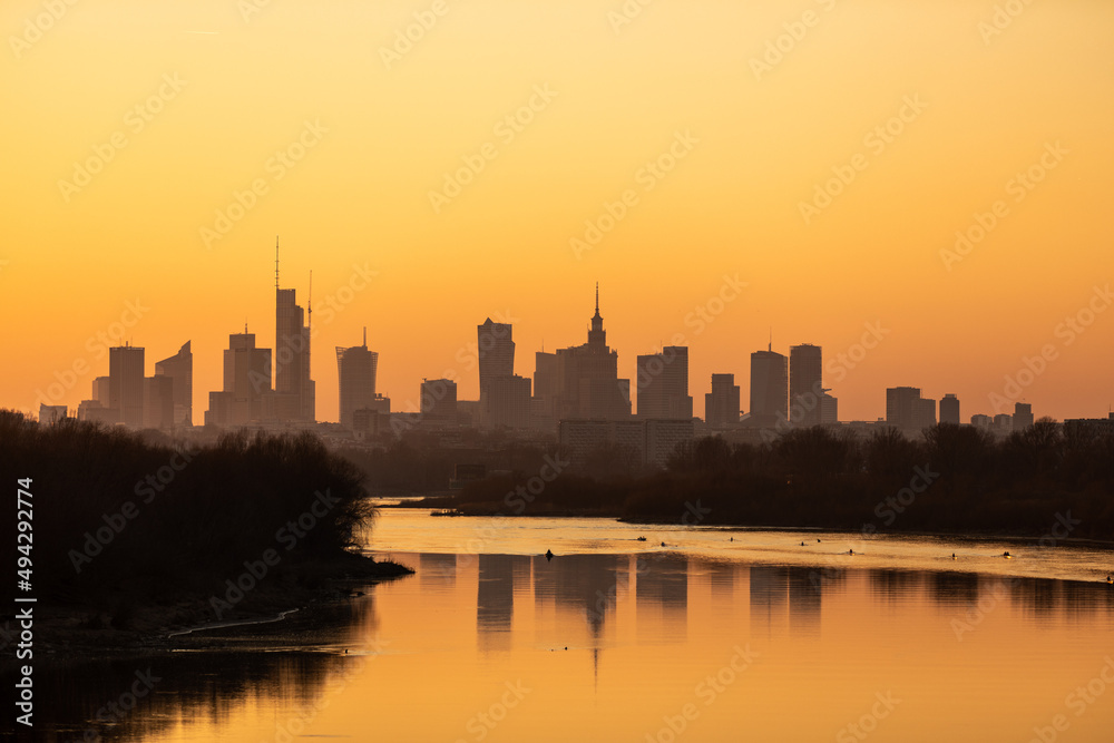 Sunset in Warsaw on the Vistula River