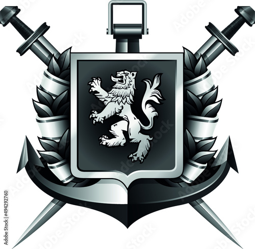 black and white coat of arms with shield, arms, lion and ribbon