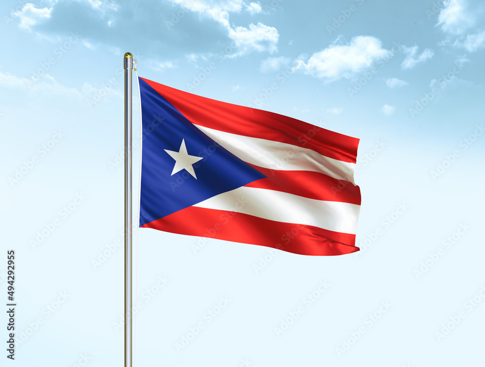Puerto rico national flag waving in blue sky with clouds. Puerto rico flag. 3D illustration Puerto rico national flag waving in blue sky with clouds. Puerto rico flag. 3D illustration