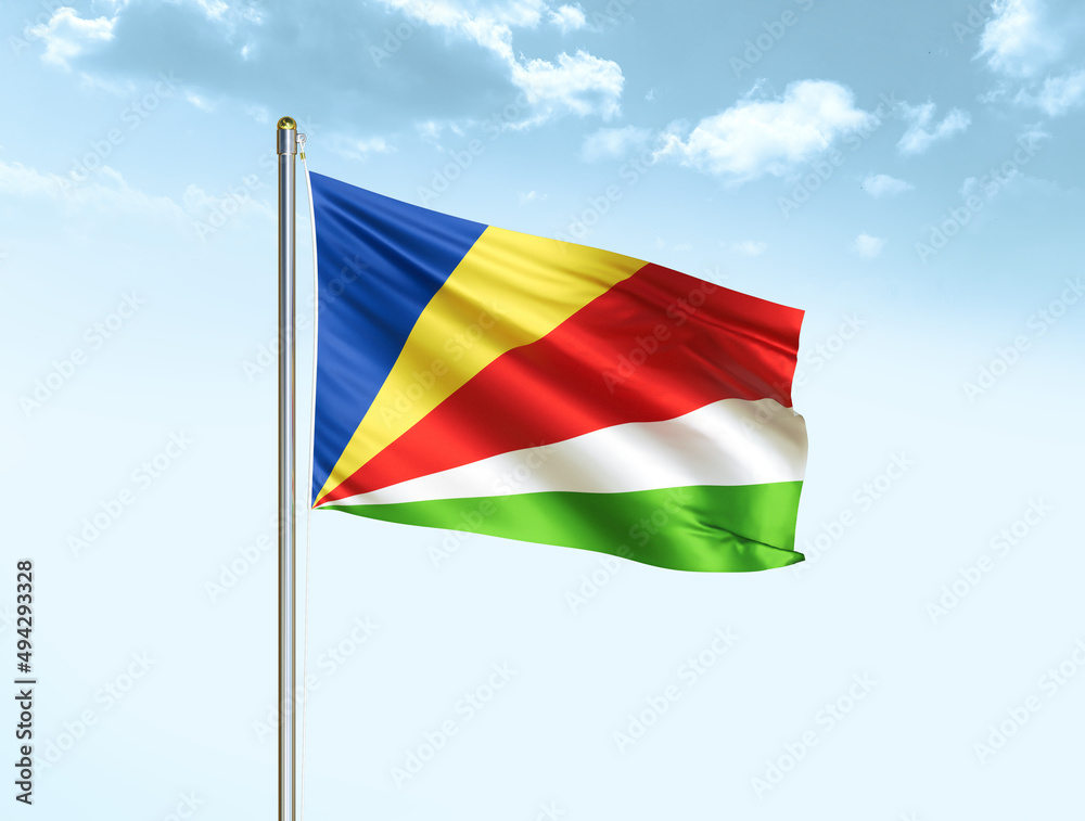 Seychelles national flag waving in blue sky with clouds. Seychelles flag. 3D illustration Seychelles national flag waving in blue sky with clouds. Seychelles flag. 3D illustration