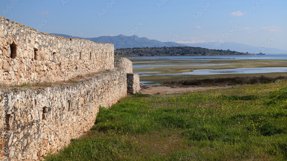 Walls and fortress of Agia Triada in Megara area dated from Ottoman times, Attica, Greece