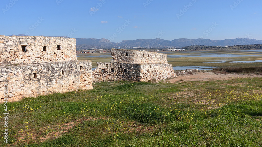 Walls and fortress of Agia Triada in Megara area dated from Ottoman times, Attica, Greece