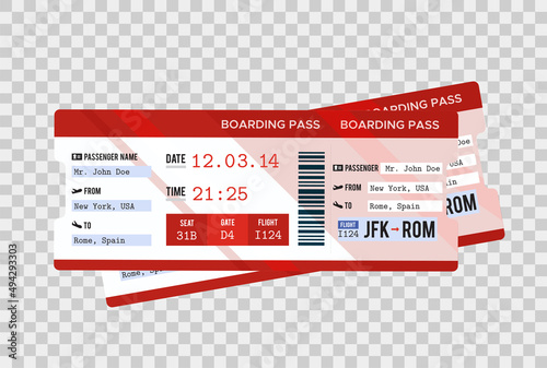 Traveling by plane. Airline boarding pass ticket tear-off element set, isolated on transparent background. 