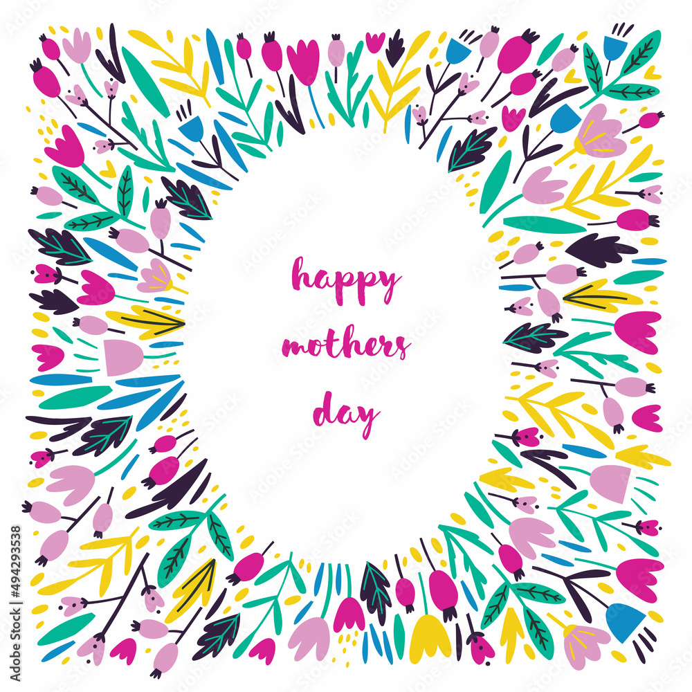 card design with hand drawn flowers for mother's day in flat style. colorful postcard in trendy colors. vector illustration