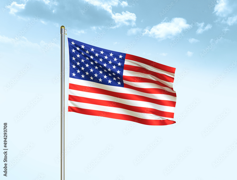 USA national flag waving in blue sky with clouds. America flag. 3D illustration